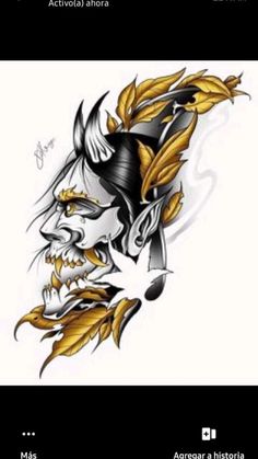 a skull with gold leaves on it's head is shown in this tattoo design