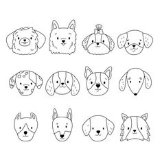 six different types of dogs'heads in black and white, each with their own face