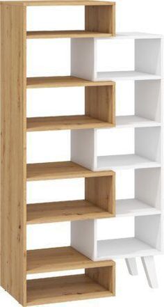 a white and wood book shelf with four shelves on one side, two open ones on the other