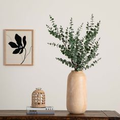 a vase filled with green plants sitting on top of a wooden table next to a book