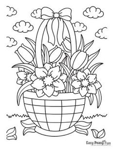 a basket full of flowers with clouds in the sky behind it coloring page for kids