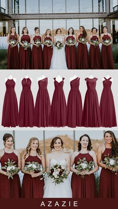 the bride and her bridal party in their red gowns, bouquets and dresses