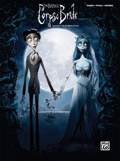 corpse bride and groom holding hands in front of a full moon with the words corpse bride written on it