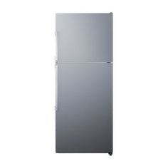 a silver refrigerator freezer sitting on top of a white wall