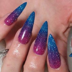 Long Almond Nails Sparkle, Glittery Colorful Nails, Pink Purple Blue Ombre Nails, Glitter Nails Colorful, Colorful Prom Nails, Simple 4th Of July Nails 2024, Blue And Purple Glitter Nails, Glitter Stiletto Nails Sparkle, Super Sparkly Nails