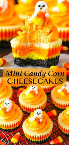 mini candy corn cheesecakes on a cooling rack with halloween decorations in the background