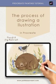 the process of drawing a cartoon bear in procreate with an ipad and pen