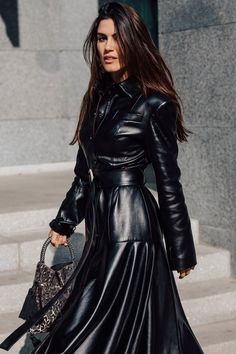 Leather Street Style, Hobble Skirt, Long Leather Coat, Leather Shirt, Cool Street Fashion, Leather Dress, Leather Coat