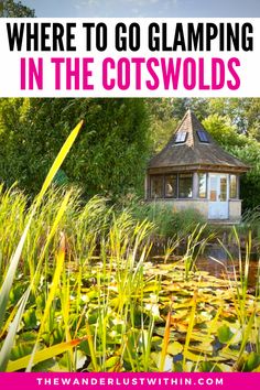 a gazebo surrounded by water lilies with text overlay where to go camping in the cotswolds