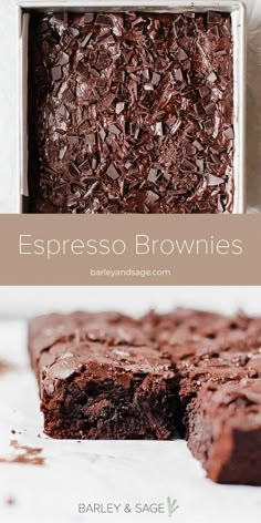 chocolate espresso brownies in a box with text overlay