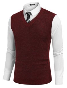 PRICES MAY VARY. 【COMFORTABLE FABRIC】This Men's v-neck sweater vest is expertly crafted from a soft, elastic, and lightweight knit material that ensures a comfortable fit and lasting durability. Rendering a soft touch, this vest promises not to pill or fade. This men's knitted sweater vest seamlessly combines comfort and style. 【INTIMATE DESIGN】Each sleeveless sweater vest features a classic V-neck collar, pull on closure, sleeveless design, ribbed hem, basic and classic design. The slim fit v-n Casual Red V-neck Vest, Red V-neck Sweater Vest For Winter, Fitted V-neck Winter Vest, Red V-neck Knit Sweater Vest, Casual Sleeveless V-neck Sweater For Fall, Fitted V-neck Vest For Winter, Cotton V-neck Sweater Vest For Winter, Fitted Cotton V-neck Sweater Vest, Cotton V-neck Vest For Fall