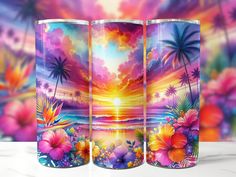 three colorful vases with flowers and palm trees in front of a sunset scene on the beach