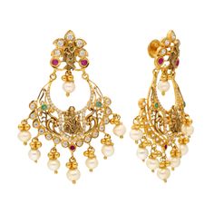 These 22k gold chandbali temple earrings, adorned with radiant gemstones, reflect the rich heritage of Indian gold jewelry while incorporating contemporary elegance. The shimmering gold chandbali temple jewelry earrings paired with vibrant emerald, ruby, cubic zirconia, and pearls makes these gold earrings a stunning addition to any jewelry collection, perfect for adding a luxurious touch to both day and evening attire. With a focus on quality and craftsmanship, these 22k gold and gemstone earrings offer a refined and timeless aesthetic.Features• 22k yellow gold• Emerald• Cubic zirconia• Ruby• PearlsSpecifications:• Minimum Width - 2 millimeters• Maximum Width - 29.85 millimeters• Length - 2.25 inches• Weight - 18.7 grams Gold Chandbali, Temple Earrings, Temple Jewellery Earrings, Indian Gold Jewelry, Temple Jewelry, Timeless Aesthetic, Gold Jewelry Indian, Temple Jewellery, Evening Attire