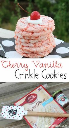 cherry vanilla crinkle cookies are stacked on top of each other with cherries