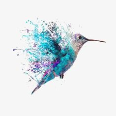 a hummingbird flying through the air with blue and purple paint splattered on it's wings