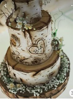 a three tiered wedding cake made out of tree trunks with flowers and hearts painted on it