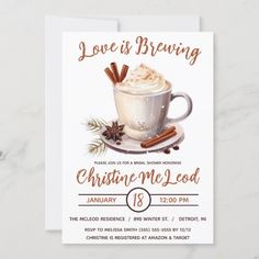 $1.90 | Love is Brewing, Hot Cocoa, Coffee, Bridal Shower | Bridal Shower Invitations | invitation, holiday, hot cocoa, coffee, tea, winter, hot chocolate, love is brewing, bridal shower, cinnamon Something Sweet Is Brewing, Coffee Bridal Shower, Hot Cocoa Coffee, Love Is Brewing, Brewing Coffee, Cocoa Coffee, Create Your Own Invitations, Bridal Shower Invitation, Something Sweet