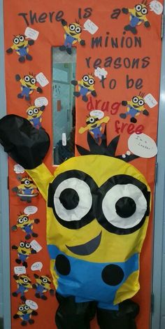 a door decorated to look like a minion