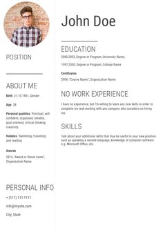 a professional resume with no work experience on the front and back cover, in white