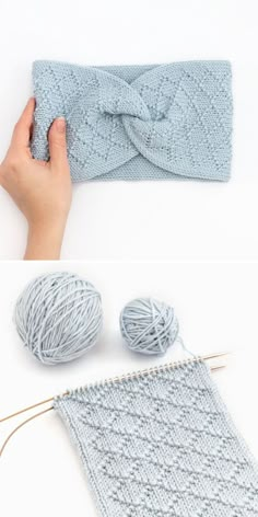 two pictures showing how to make a knitted headband