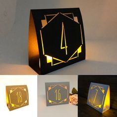 four different photos with the numbers on them and some paper cut out to look like an origami house