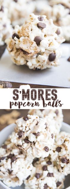 there are two pictures of s'mores popcorn balls