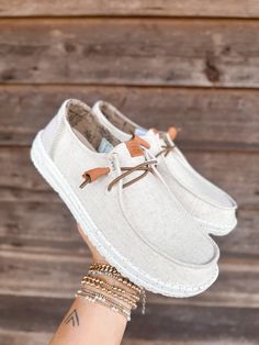 Hey Dudes Aesthetic, Casual Summer Shoes, White Hey Dudes Outfit, Wester Shoes, Hey Dude Outfit Women, Cowhide Hey Dudes, Women’s Hey Dude Outfits, Womens Hey Dude Shoes, Hey Dudes Women