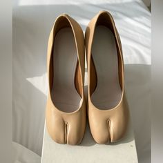 Maison Martin Margiela Tabi Pumps Never Worn Item Arrived With Box And Tags These Shoes Run Half A Size Small Designer Beige Closed Toe Heels, Tabi Heels, Tabi Pumps, Maison Martin Margiela Shoes, Polka Dot Heels, Open Toe Ankle Boots, Ballerina Heels, Maison Margiela Tabi, Margiela Tabi