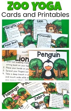 zoo yoga cards and printables for kids to practice their reading skills with the animals