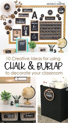 chalkboard and burlap neutral color classroom decor for a farmhouse theme Black And Burlap Classroom, Chalk And Burlap Classroom Decor, Burlap Bulletin Board Ideas, Classroom Decor Diy, Modern Farmhouse Theme, Succulent Classroom, Speech Classroom