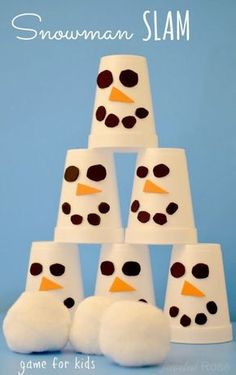 the snowman slim game for kids is made with foam cups and cotton balls it's easy to make