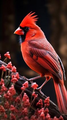 a red bird sitting on top of a tree branch with pink flowers in the background