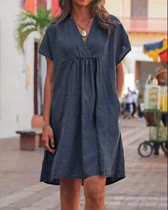 casual v neck solid woman linen dresses p331703, Navy-US8 Bohemian Casual Dress, Knee Length Dresses Casual, Casual Cotton Dress, Vintage Dresses Casual, Diy Dresses, Chic Summer Dresses, Shabby Chic Clothes, Long Sundress, Linen Dress Women