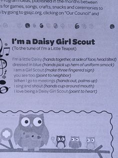 an advertisement for a girl scout with owls on it