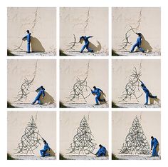 multiple images of a man in blue doing tricks on a wire sculpture with his hands