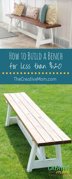 a wooden bench sitting in the grass next to a white bench with text overlay how to build a bench for less than $ 20