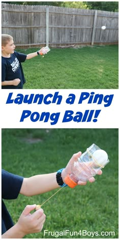 two pictures with the words launch a ping pong ball and an image of a boy throwing a frisbee