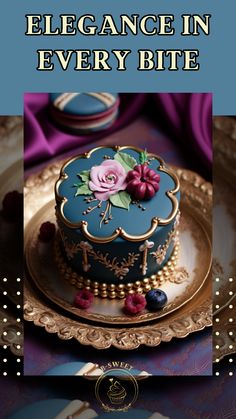 a blue and gold plate with a cake on it that says elegance in every bite