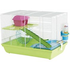 a green and white cage with a pink bird in it