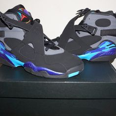 Jordan | Jordan 8 Retro Aqua Condition: Excellent Size: 6y Shoes Jordan, Jordan 8, Jordan Black, Womens Jordans, Aqua Color, Jordan Retro, Jordan Shoes, Black Blue, Blue Black