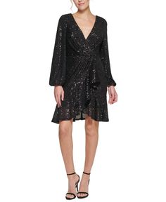 in stock J Black, Eliza J Dresses, Flounce Skirt, Eliza J, Sequin Cocktail Dress, Review Dresses, Faux Wrap Dress, Black Sequins, Fit Flare Dress