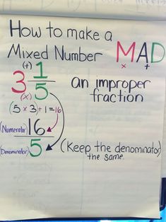 a sign that says how to make a mixed number mad and an imppoer fraction