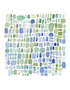 an abstract painting with blue, green and white squares