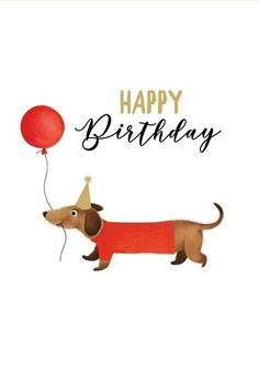 a card with a dachshund holding a red balloon that says happy birthday