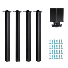 four black poles with screws and bolts