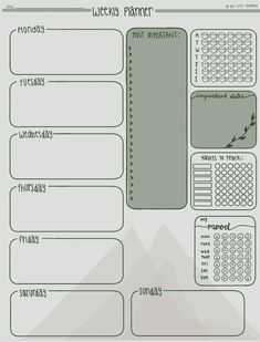 the printable planner sheet is shown in green and white, with mountains behind it