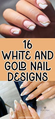 With And Gold Nails, French Manicure Designs With Gold, Gold Design Nails Simple, Fall Nails White And Gold, White And Golden Nails Designs, White And Gold Manicure Ideas, White And Rose Gold French Tip Nails, White And Silver Nails Designs, White And Gold French Manicure