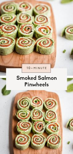 an image of sliced salmon pinwheels on a wooden cutting board with text overlay