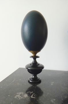 an egg sitting on top of a black table