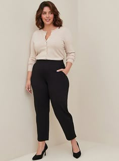 FIT Model is 5'9” wearing size 12. High rise. . Eased through the hip and thigh with a tapered leg. Pull-on elastic waist. Tapered leg hits just above the ankle. . Inseam: 27”. MATERIALS + CARE Studio Luxe Ponte knit fabric: Our signature work (any) wear fabric with office-approved tailoring, WFH stretch and comfort, and curve-loving hold. Plus, it’s machine washable! Stretch level: Maximum. Wrinkle resistant. 68% rayon, 28% nylon, 4% spandex. Machine wash cold. Line dry. Imported. DETAILS Pull- Relaxed Professional Outfits Women, Curvy Office Fashion, Woman Office Outfit Plus Size, Work Outfits Summer Plus Size, Real Estate Agent Attire Women Plus Size, Business Looks Women, Midsize Petite Work Outfits, Professional Outfits Women Size 12, Professional Attire Women Plus Size